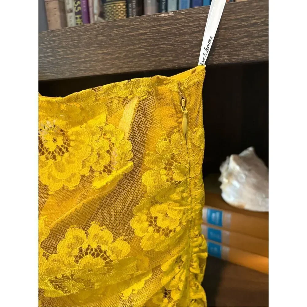 NWT For Love & Lemons Tiana Mustard Yellow Floral Lace Mini Dress Size Small